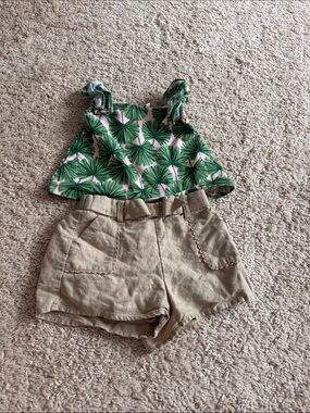 Janie and Jack Green Ruffle Tank and Linen Blend Shorts Set 18-24m